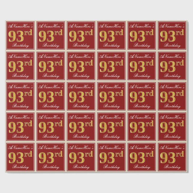 Elegant, Red, Faux Gold 93rd Birthday; Custom Name Wrapping Paper (Flat)
