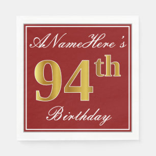 Elegant Red, Faux Gold 94th Birthday + Custom Name Napkin