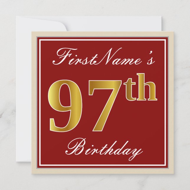 Elegant, Red, Faux Gold 97th Birthday; Custom Name Invitation (Front)
