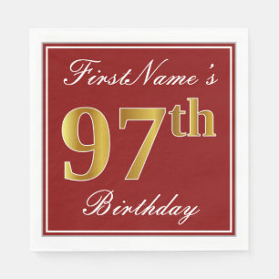 Elegant Red, Faux Gold 97th Birthday + Custom Name Napkin