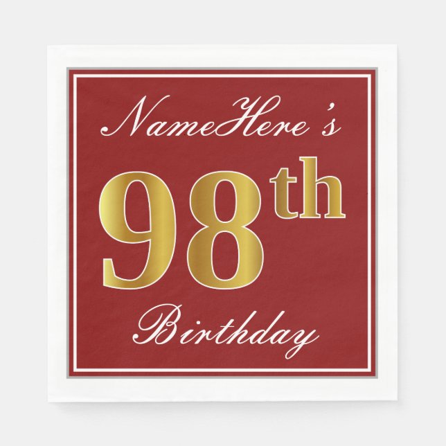 Elegant Red, Faux Gold 98th Birthday + Custom Name Napkin (Front)
