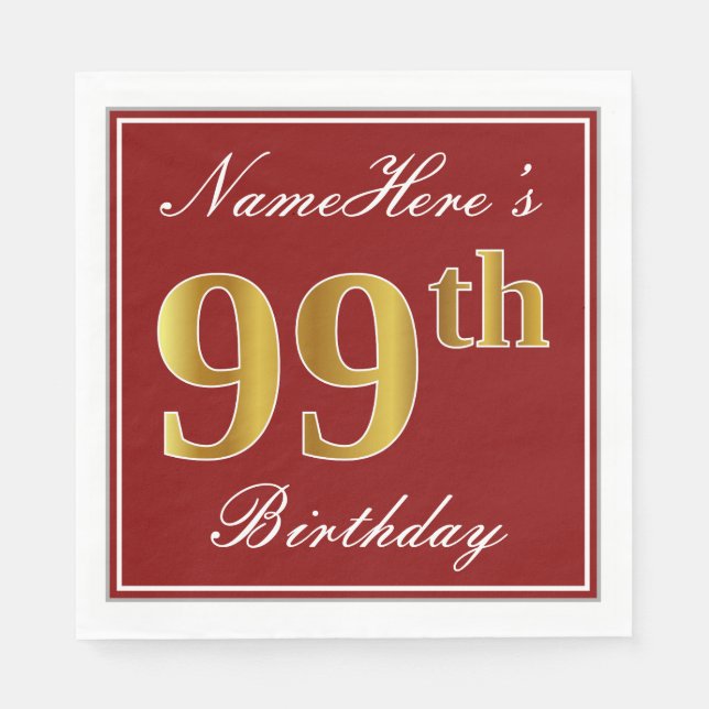 Elegant Red, Faux Gold 99th Birthday + Custom Name Napkin (Front)