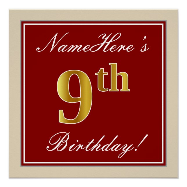 Elegant, Red, Faux Gold 9th Birthday + Custom Name Poster (Front)