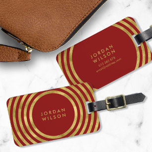 Elegant Red & Faux Gold Circles Geometric Lines Luggage Tag