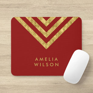 Elegant Red Faux Gold Name Chevron Geometric Mouse Pad