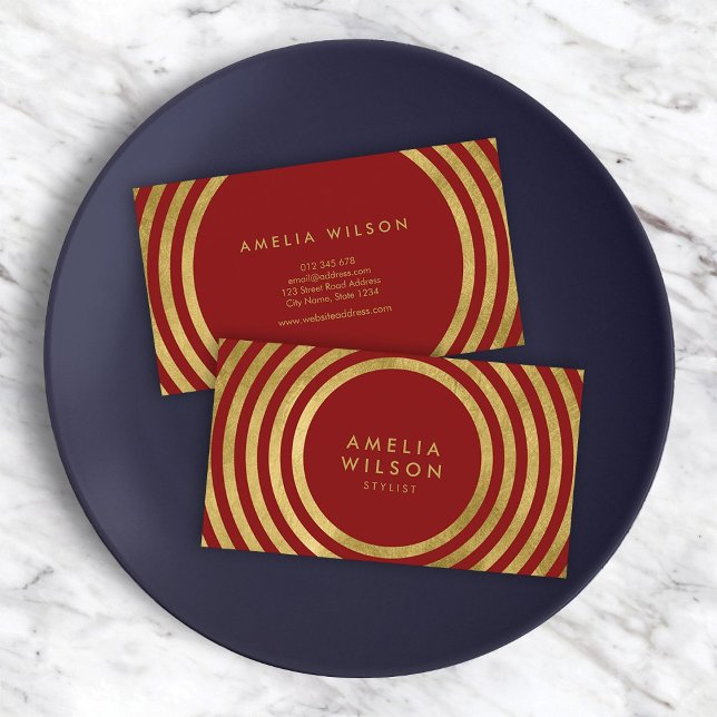 Elegant Red Faux Gold Round Lines Stylist Business Card (Creator Uploaded)