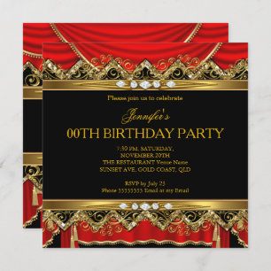 Elegant Red Faux Gold Silk Black Diamond Invite