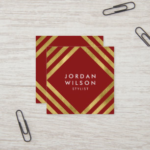 Elegant Red Faux Gold Square Lines Geometric Business Card