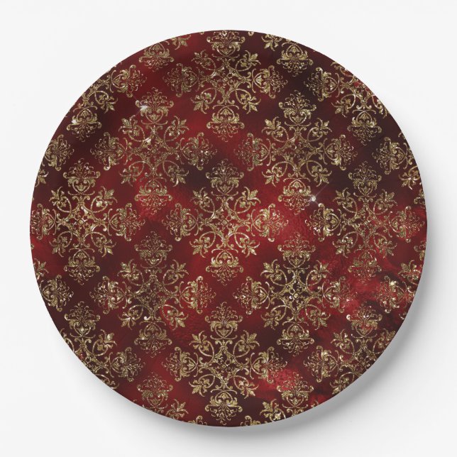 Elegant Red & Faux Gold  Vintage Christmas  Paper Plate (Front)