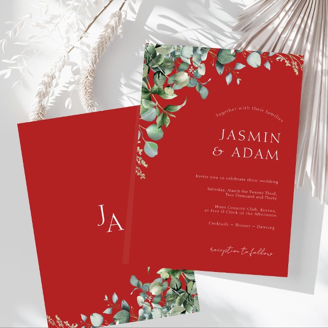 Elegant Red Festive Eucalyptus Greenery Wedding Invitation (Festive Crimson Red Eucalyptus Greenery Wedding Invitation)