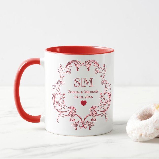 Elegant Red Floral Anniversary Wedding Monogram Mug (With Donut)