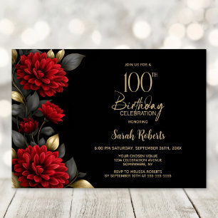 Elegant Red Floral Black 100th Birthday Party Invitation