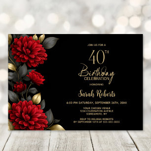 Elegant Red Floral Black 40th Birthday Party Invitation