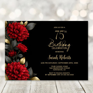 Elegant Red Floral Black 75th Birthday Party Invitation
