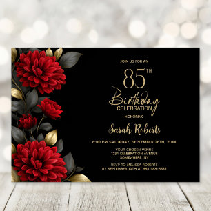 Elegant Red Floral Black 85th Birthday Party Invitation