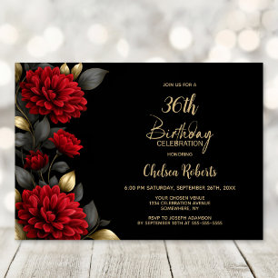 Elegant Red Floral Black Birthday Party Invitation