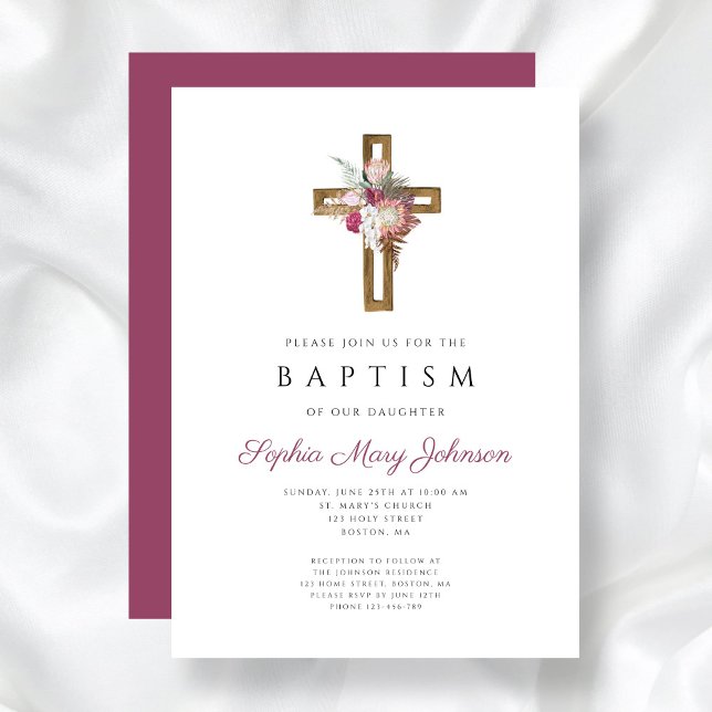 Elegant Red Floral Boho Cross Baptism  Invitation (Elegant Red Floral Boho Cross Baptism Invitation)