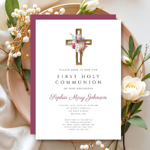 Elegant Red Floral Boho Cross First Communion Invitation