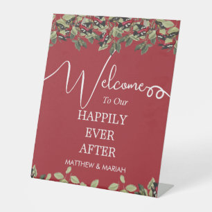 Elegant Red Floral Calligraphy Wedding Welcome Pedestal Sign
