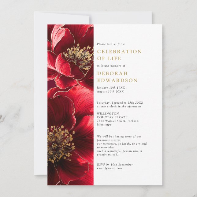 Elegant Red Floral Celebration Of Life Invitation (Front)