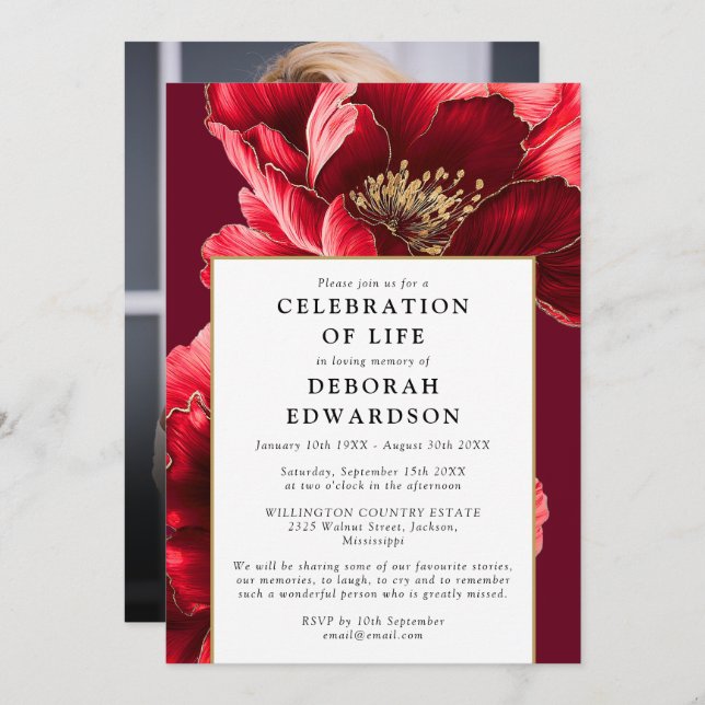 Elegant Red Floral Celebration Of Life Photo Invitation (Front/Back)