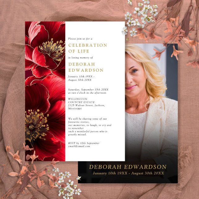 Elegant Red Floral Celebration Of Life Photo Invitation (Creator Uploaded)