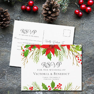 Elegant Red Floral Christmas Wedding RSVP Postcard