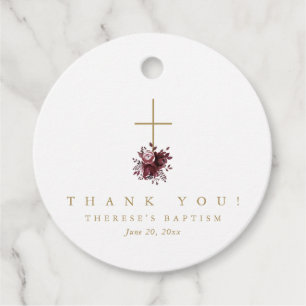 Elegant Red Floral Cross Baptism Thank You Favour Tags