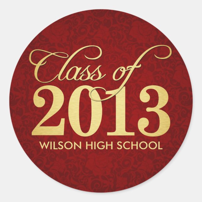 Elegant Red Floral Dmask and gold Class of 2013 Classic Round Sticker (Front)