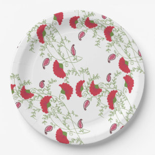 Elegant Red Floral Embroidery Motif Throw Paper Plate