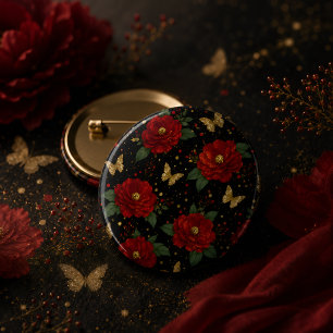 Elegant Red Floral & Gold Butterfly 3 Cm Round Badge
