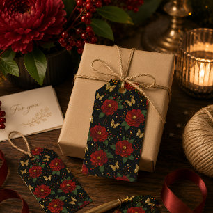 Elegant Red Floral Gold Butterfly Gift Tags