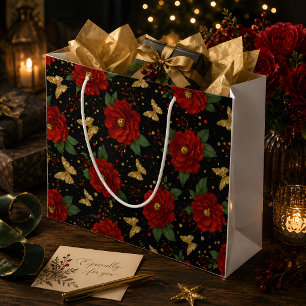 Elegant Red Floral Gold Butterfly Large Gift Bag
