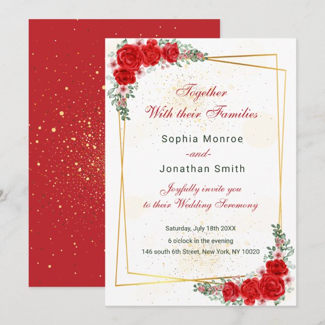 elegant red floral gold frame wedding invitation (Front/Back)