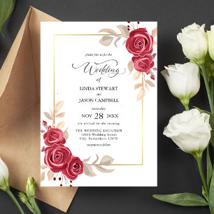 Elegant Red Floral Gold Frame Wedding Invitation