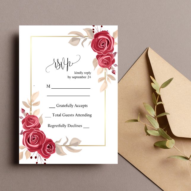 Elegant Red Floral Gold Frame Wedding RSVP Card (Creator Uploaded)
