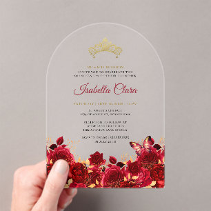 Elegant Red Floral Gold Quinceanera Acrylic Invitations