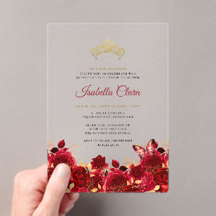 Elegant Red Floral Gold Quinceanera Acrylic Invitations