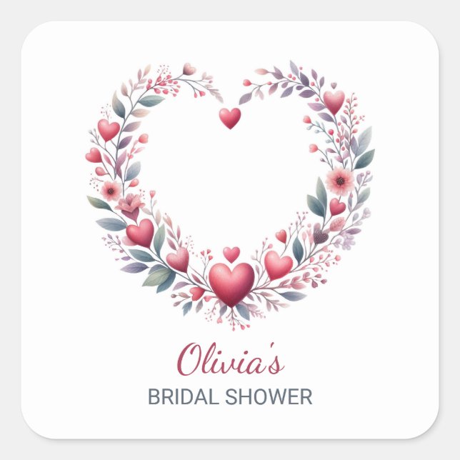 Elegant Red Floral Heart Bridal Shower Envelope Square Sticker (Front)
