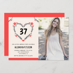 Elegant Red Floral Heart for her 37th birthday Invitation