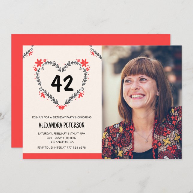 Elegant Red Floral Heart for her 42nd birthday Invitation (Front/Back)