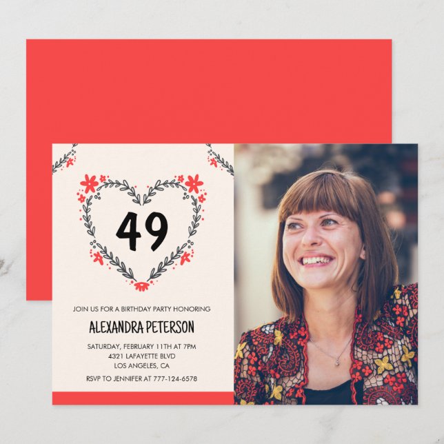 Elegant Red Floral Heart for her 49th birthday Invitation (Front/Back)
