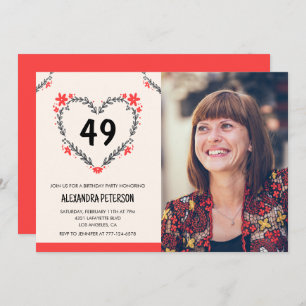 Elegant Red Floral Heart for her 49th birthday Invitation
