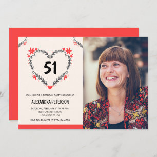 Elegant Red Floral Heart for her 51st birthday Invitation