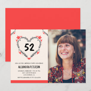 Elegant Red Floral Heart for her 52nd birthday Invitation