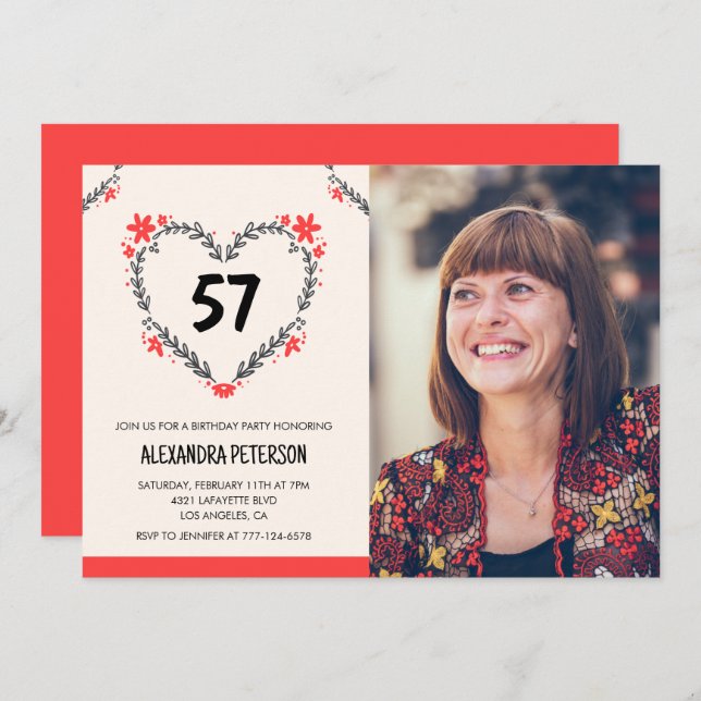 Elegant Red Floral Heart for her 57th birthday Invitation (Front/Back)