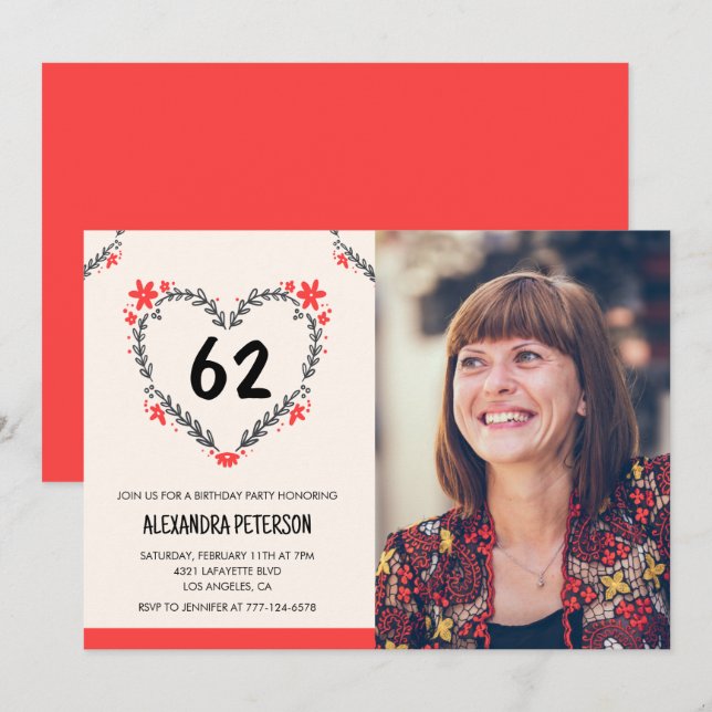 Elegant Red Floral Heart for her 62nd birthday Invitation (Front/Back)