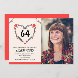 Elegant Red Floral Heart for her 64th birthday Invitation