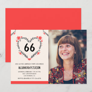 Elegant Red Floral Heart for her 66th birthday Invitation