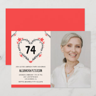 Elegant Red Floral Heart for her 74th birthday Invitation